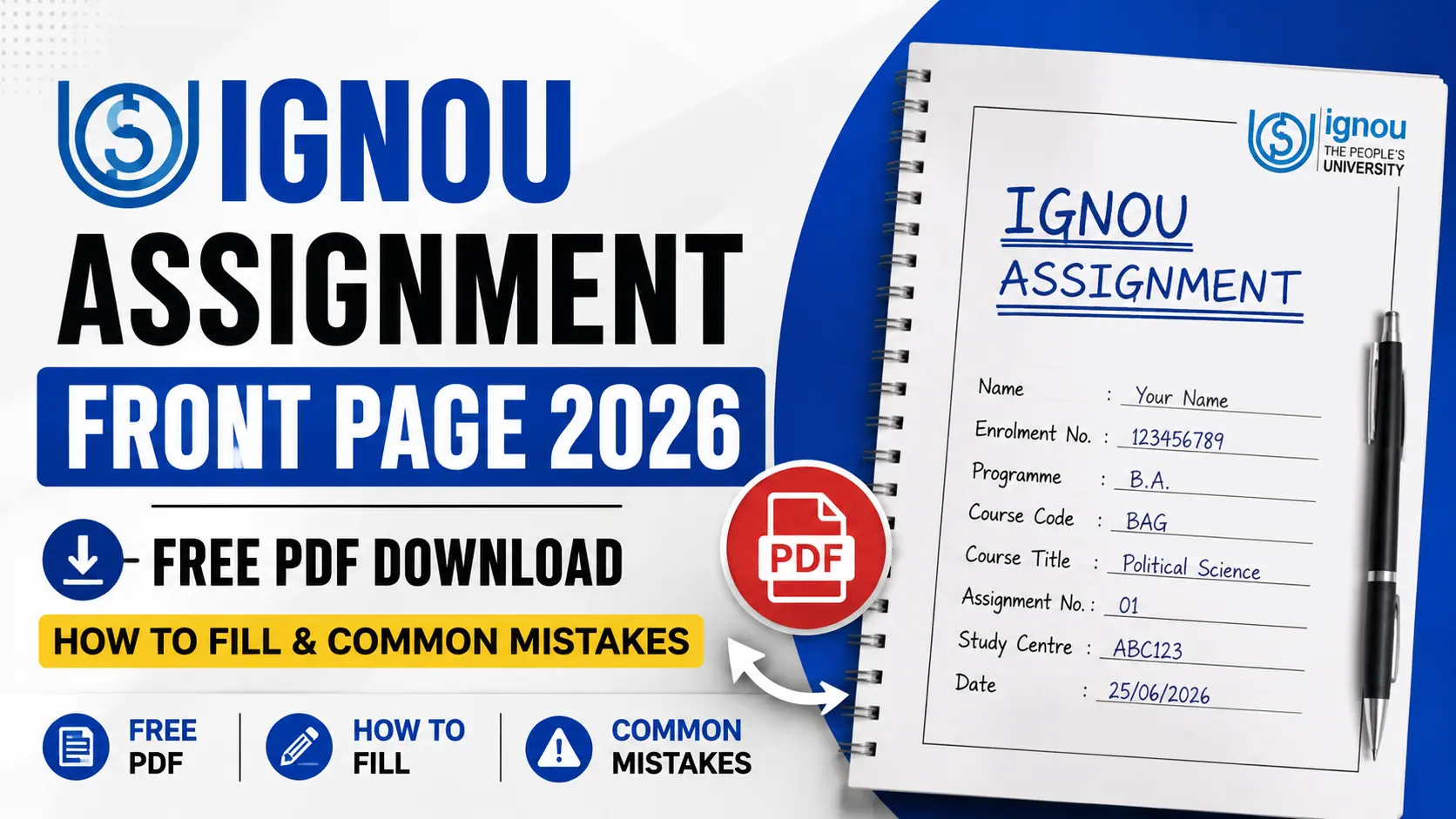 IGNOU Assignment Front Page 2026: Free PDF Download, How to Fill & Common Mistakes
